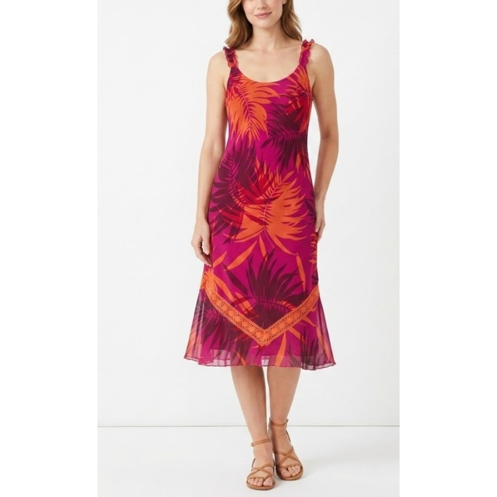 Vintage Sangria Midi Dress size 6 Leaf Print Ruffle Lace Romantic Fairy Festival